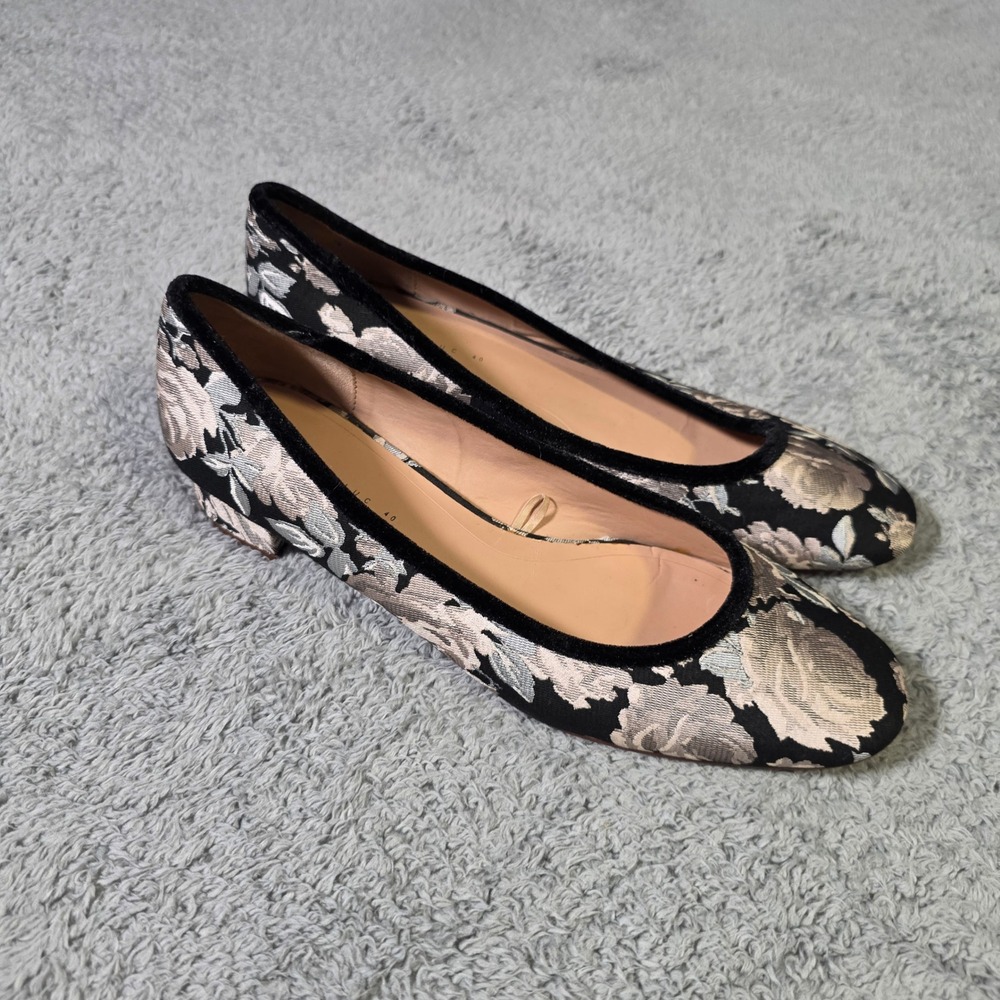 Zara Womens 40 Block Heel Pumps Black Floral Jacquard Velvet Trim Round Toe 1774
